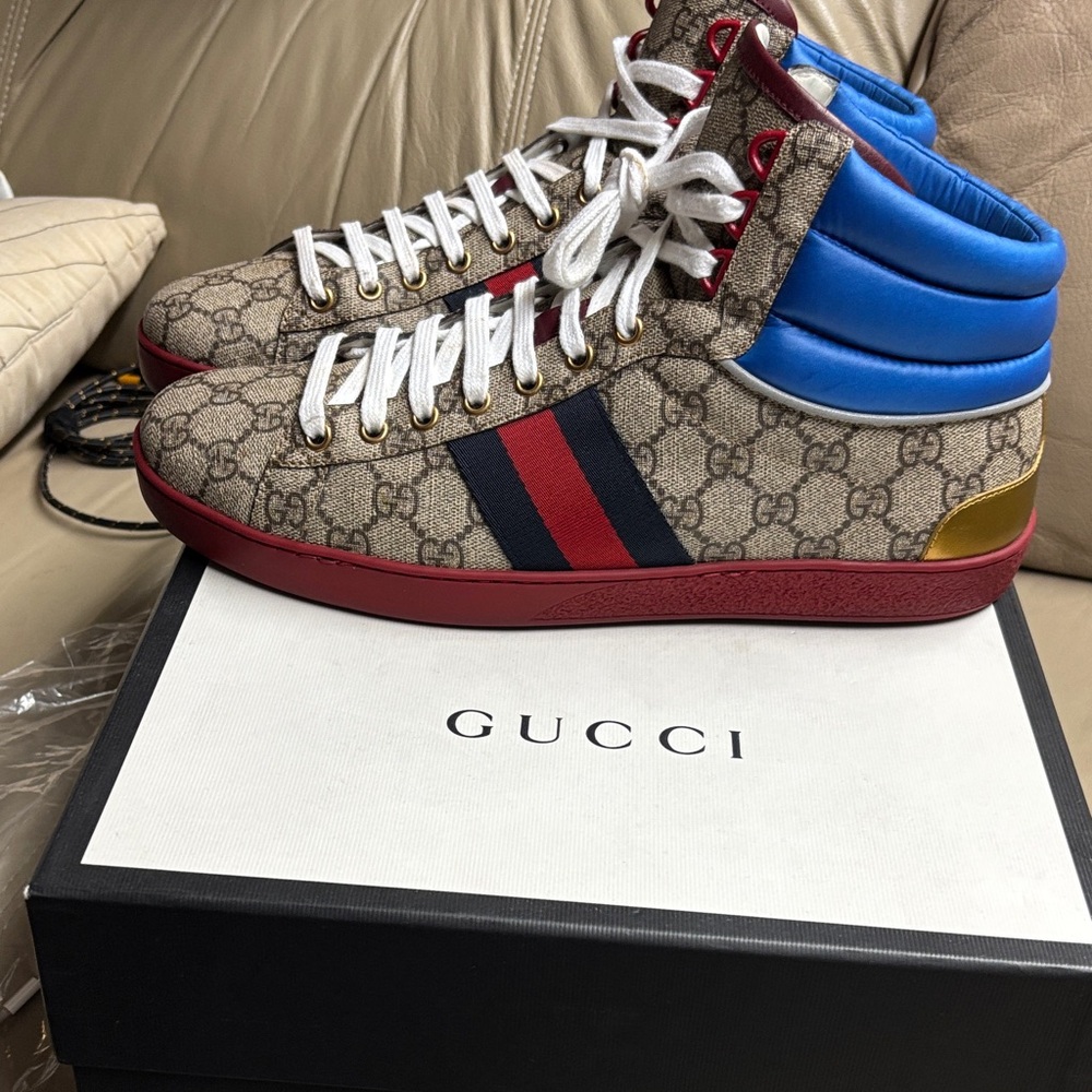 Gucci Ace GG High TopMen's Sneakers - Blue/Beige Size 10.5 - Picture 2 of 8